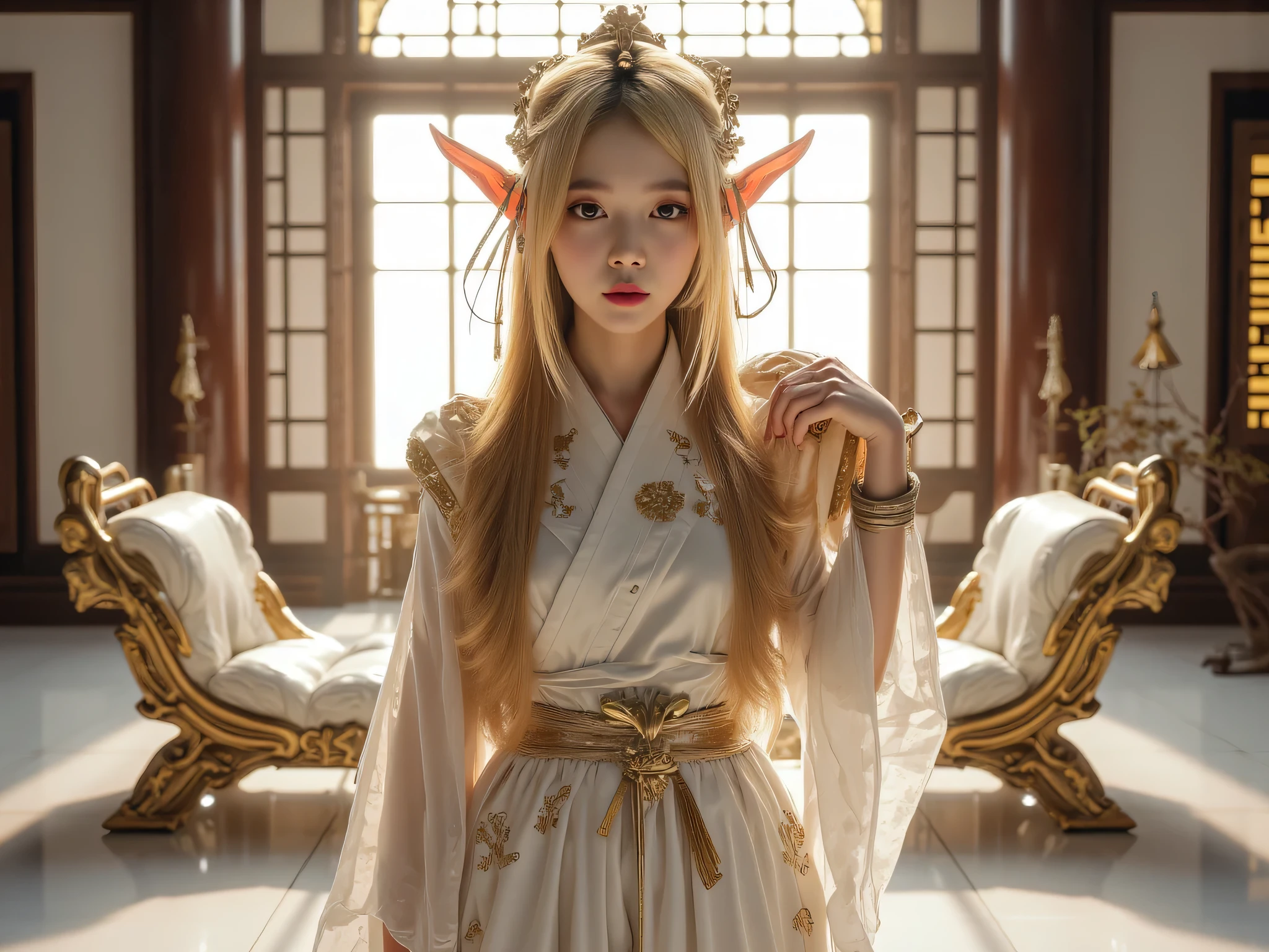 Young handsome man、The hair is long and blonde、Showing his forehead、He wears an elven ornament on his head.
