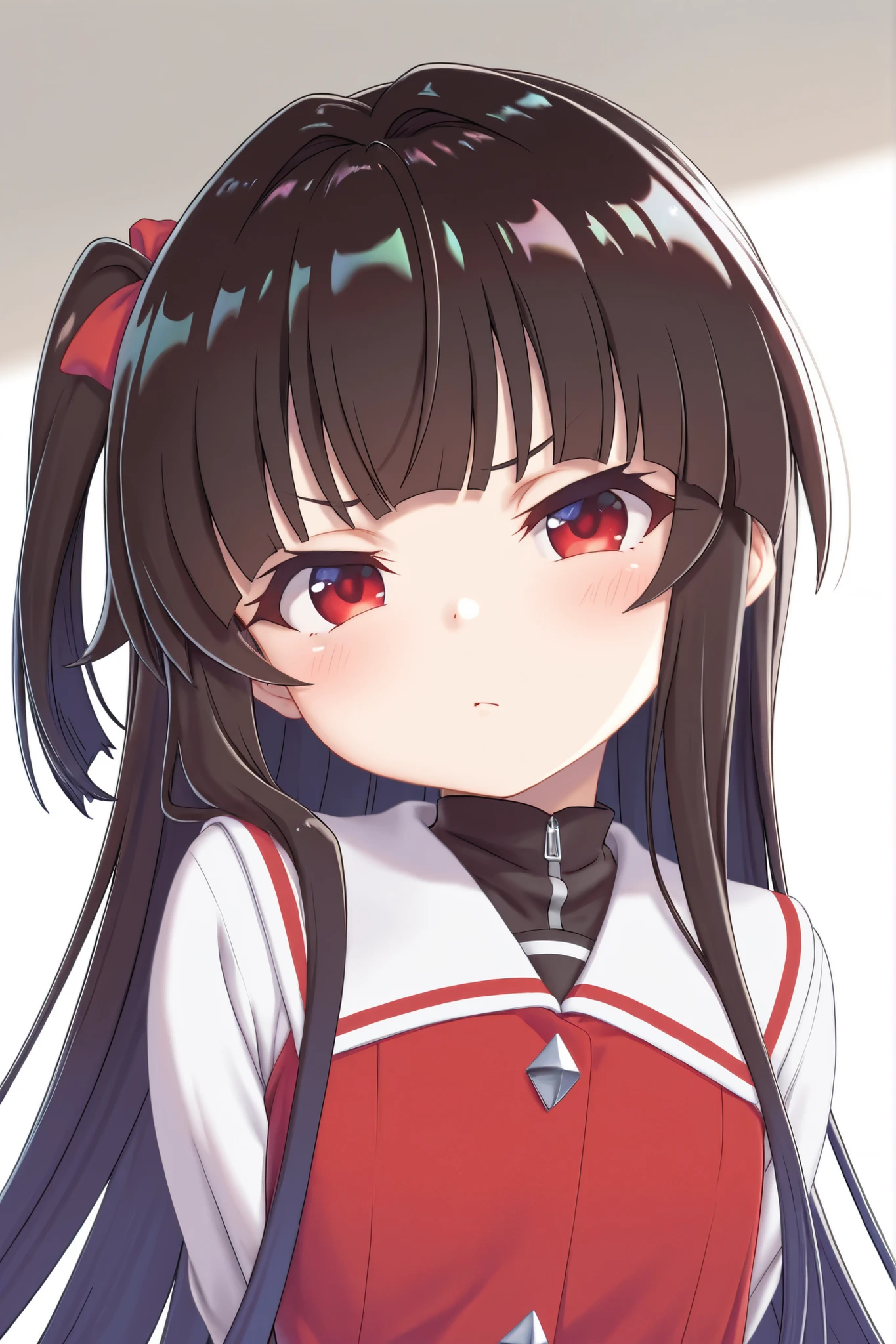A girl with black hair and red eyes wearing a black skirt