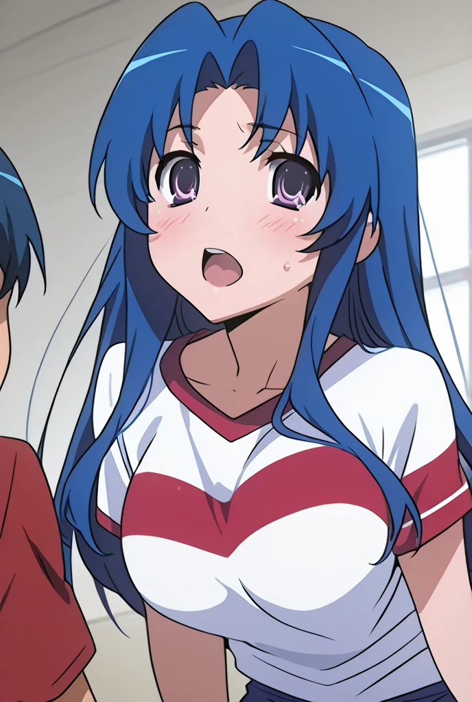 Young girl training in the gym, she is sweating, short red hair and blue eyes, big breasts, surprised face, upper-half body, getting hugged from behind by an unknown woman