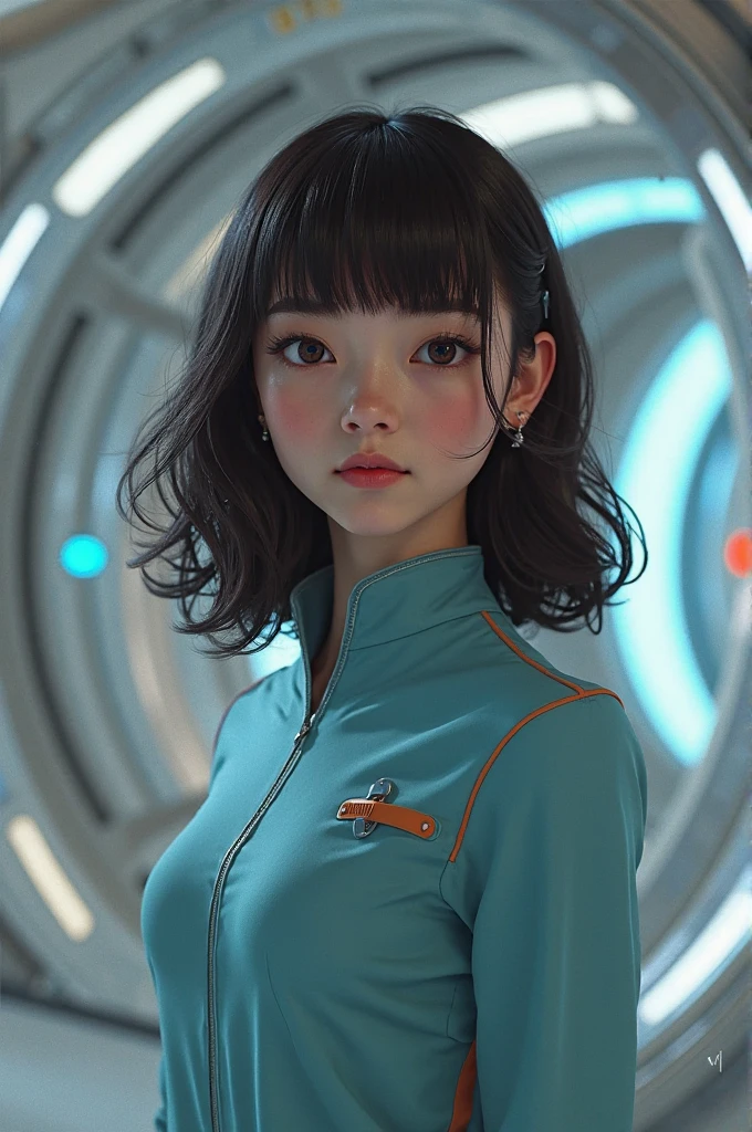 A girl with dark brown wavy hair in a medium length, with bangs, With dark brown almond-shaped eyes and a pinkish complexion , thin red lips and with the medical uniform. the Star Trek