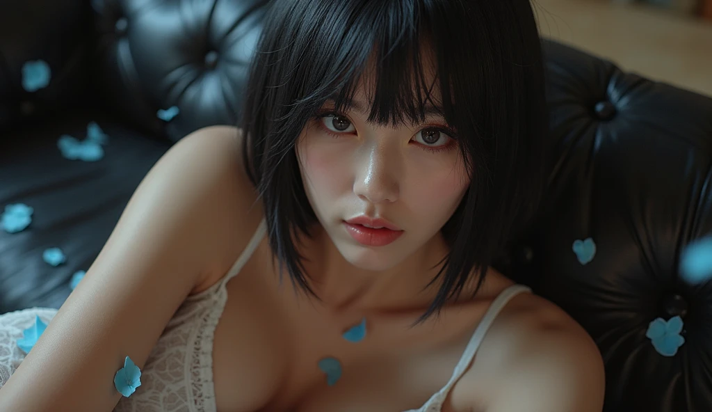 Very white thin emo girl with short black hair with medium breasts with American and Mexican features and a little Japanese without clothes fucking in first person penetrating her with a full body view from face to vagina