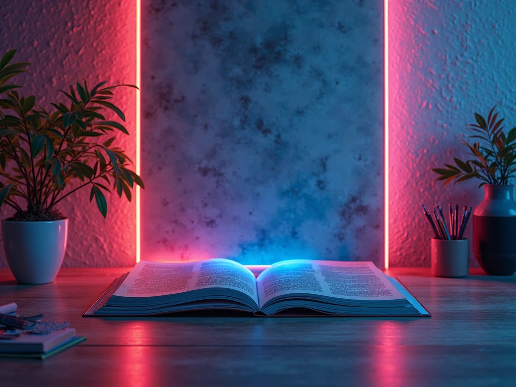 A brown book lies against the background of a dark living room, neon pink light, glint, Shine