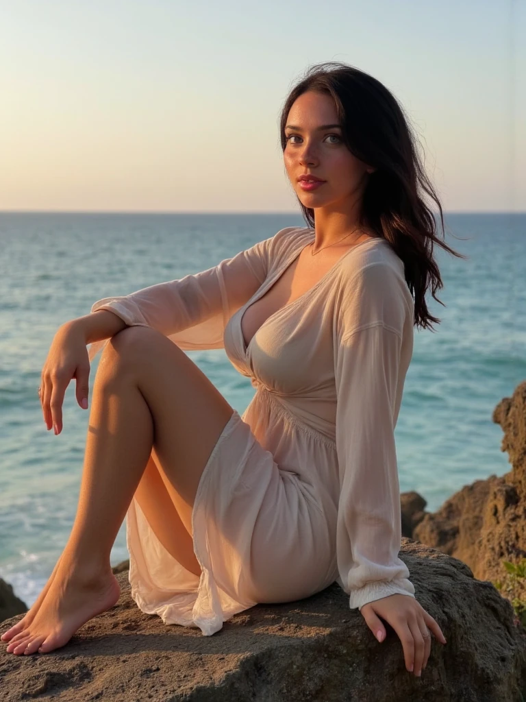 adult woman fully, perfect smile, full body shot, girl with blue eyes, ultra realistic, meticulously detailed, brunette hair, without makeup, face with artgram, subtle makeup, stunning full body shot, covered body, wearing dark long dress, nice breast, large size bust, candid camera, in the desert of KSA, sleeping on the sand, shot from above, birdeye angle