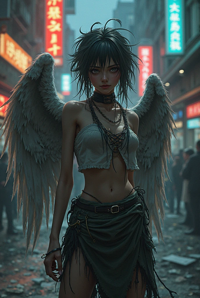 ((Best quality)), ((masterpiece)), (highly detailed:1.3), 3D, beautiful (cyberpunk:1.3) 1girl, cyber archangel with demon horns, (angel wings), torn clothes, bare shoulders, plump, thick, cyberpunk, nighttime, neon light, full body