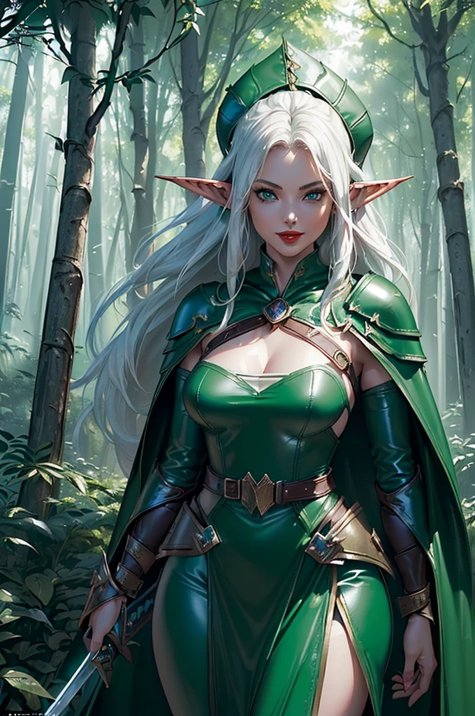 Tema del juego World of Warcraft,fullmoon,extremeley curvaceous buxom bimbo vixen female elf,very bright green glowing eyes, Imagen de una female elf Valeera Sanguinar,intense flirty stare,side view ,elfa guapa y hermosa edad 32 de cabello Rubio de pie sosteniendo dos Dagas Jambiya Verdes Cortas brillantes favoritas una en cada mano ,blood elf Assassin Wow, wide hips, narrow waist, gigantic humungus breasts,extremely curvaceous, Long elf ears, ((((Very Bright glowing Green eyes))), Red Light female Assassin Armor with emeralds , Red Pauldrons, Red skull Pauldron with emeralds, Gold and Red Chestpiece, Red and black Gauntlets, Black tabard, tonos dramáticos.