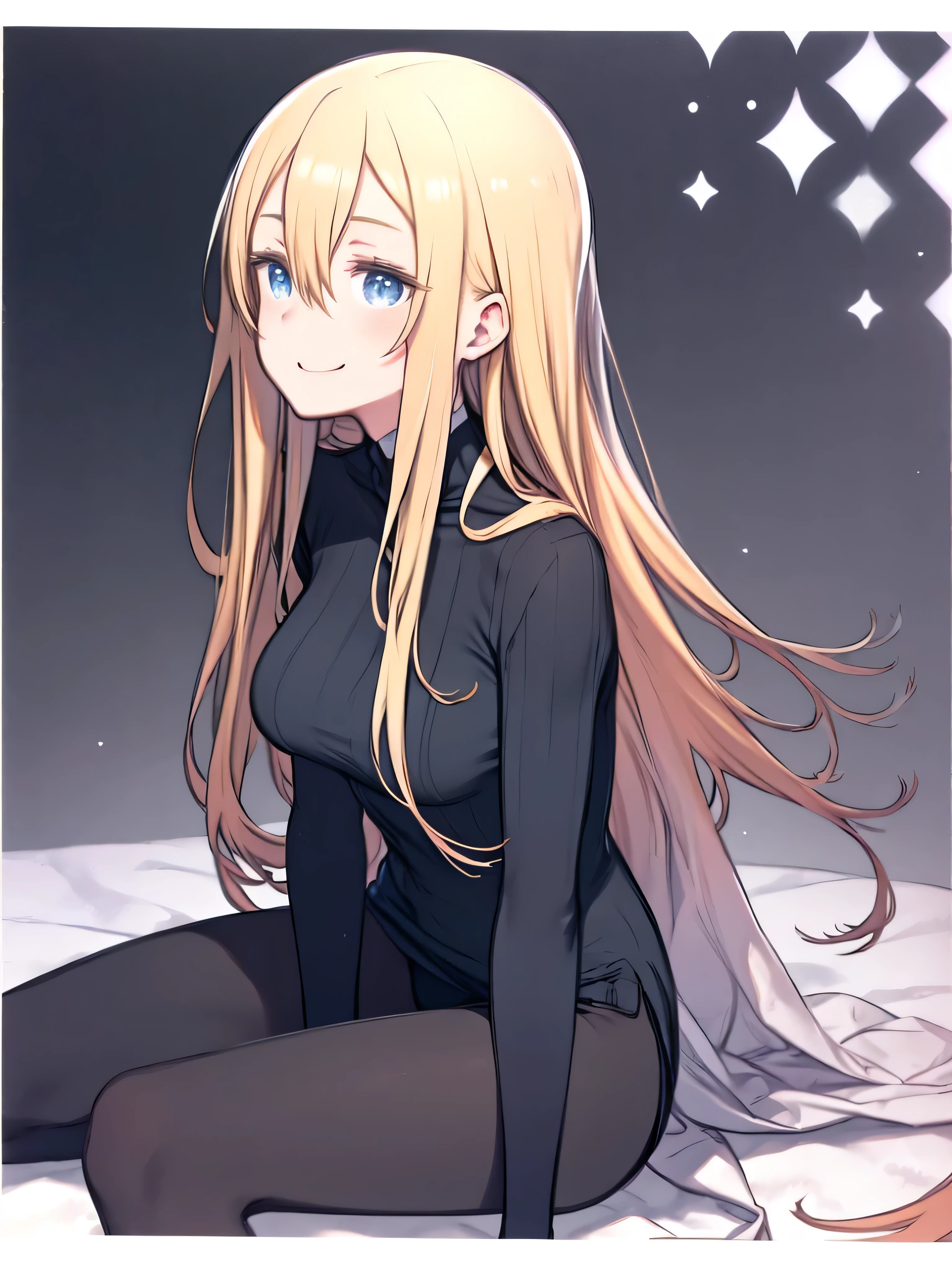 sitting on the sofa and answering an interview、green turtleneck sweater、Smiling、The blond haired、hair between eyes、long hair、blue eyes、white skin、Big breasted woman in black pantyhose with transparent skin、red face、Smiling、slightly from the side、