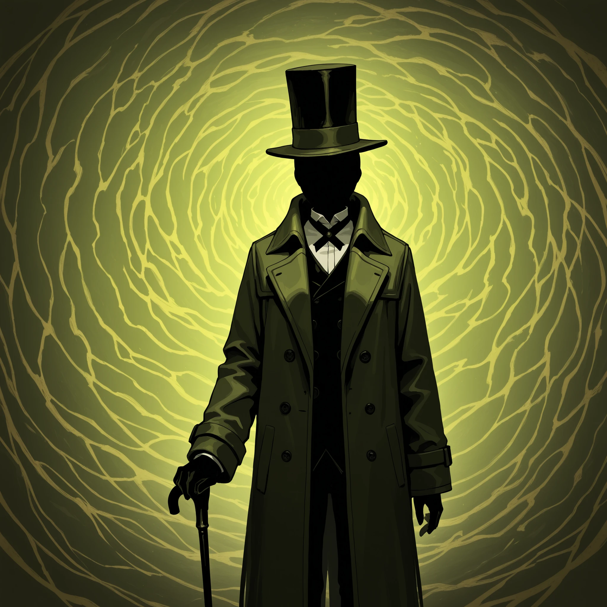 Man's Silhouette, portrait, abstract background, brown-green background, standing still, top hat, coat, best quality, no face, holding cane, the narrator, dark silhouette,