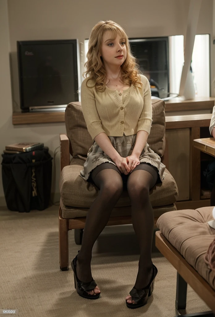 wearing a long yellow dress, sitting at a table, spread legs, the background is that of a library