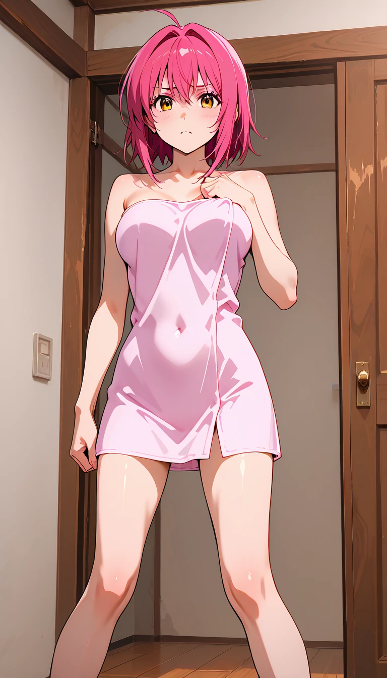 One girl, alone, Nakano Nino, Pink Hair, Butterfly Hair Ornament, (naked:1.3), (White apron), Large Breasts, Cleavage, Thighs, Cafe Background, (Blushing:1.3)