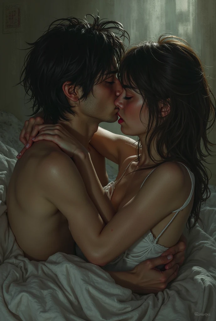 Dark room, heavy rain outside, a beutiful couple is laying on the bed and kissing each other, big trees are being seen through the window, no electricity. The boy is kissing on the lips of the girl