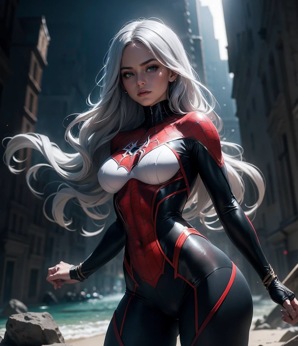 (Masterpiece, 4k resolution, ultra-realistic, very detailed), (White superhero theme, charismatic, there's a girl on top of town, wearing Spider-Man costume, she's a superhero), [ ((25 years), (long white hair:1.2), full body, (blue eyes:1.2), ((Spider-Man pose),show of strength, jumping from one building to another), ((sandy urban environment):0.8)| (cityscape, at night, dynamic lights), (full moon))] # Explanation: The Prompt mainly describes a 4K painting of ultra-high definition, very realistic, very detailed. It shows a superheroine at the top of the city, wearing a Spider-Man costume. The theme in the painting is a white superhero theme, the female protagonist has long white hair, is 25 years old and her entire body is shown in the painting. In terms of portraying the actions of superheroines, spiders are employed