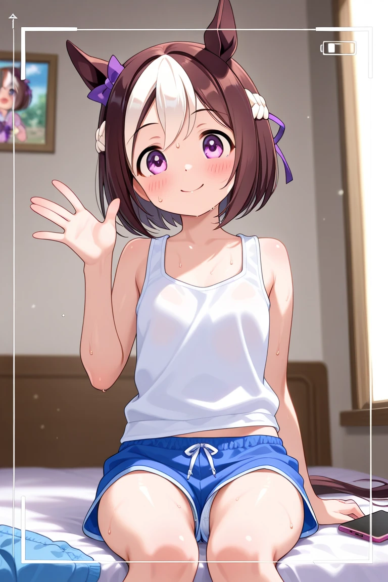 masterpiece, best quality, highres, ny1,,looking viewer,,spoken heart,,(petite), ,camisole,denim shorts,socks,expressionless,flat chest, my room