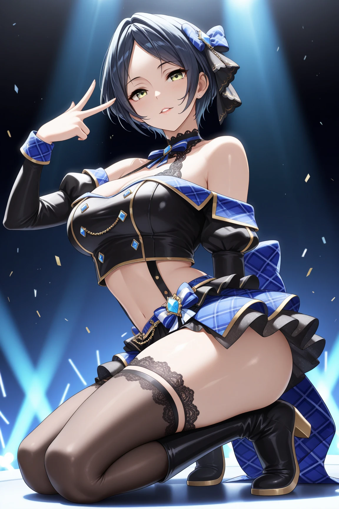 sexy dance show,sexy pose,hishi amazon \(umamusume\),dark skin,good anatomy, masterpiece, best quality,realistic, hyperrealistic, 16k hdr,Smile,(Live Stage),(see through costume:1.2),Stage costumes,Horse tail,sing a song,ultra miniskirt,navel,micro panties,clearvage,erected nipples,sweat,from below,large breasts,spread legs,