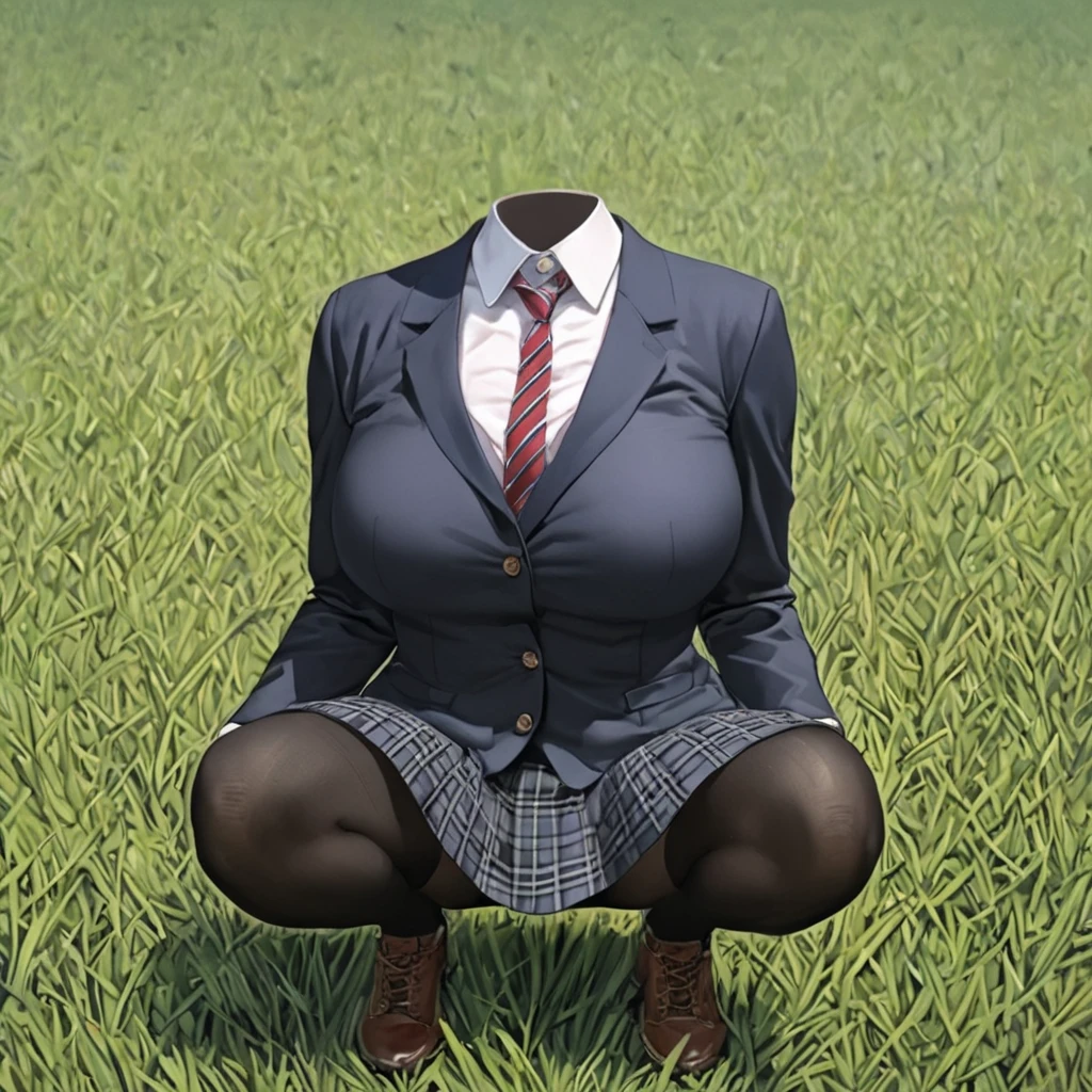 (invisible:1.5, no humans:1.5, headless:1.5, faceless:1.5), ( school casual blazer, plaid skirt, black stocking, on field, squatting:1.2), (big breast:1.6), (best quality, masterpiece:1.2), ((detailed cloth texture, detailed anime, super fine illustration)), realistic, photo-realistic