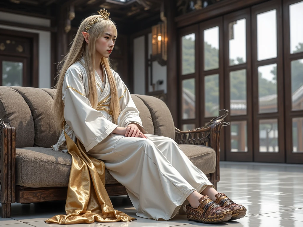 Vivid depiction、3DCG、Clear photos、Depiction of only the upper body、Sitting on the floor、Pose with hands clasped in front of chest as if praying、A beautiful elf woman in her twenties, resembling Princess Zelda, wearing a luxuriously decorated robe with a white base that doesn't reveal much skin.、Long blonde hair、Emerald green eyes、Long eyelashes、Body is medium build、Ample breasts、Attractive body lines、sexy、Bewitching atmosphere、Troubled expression、