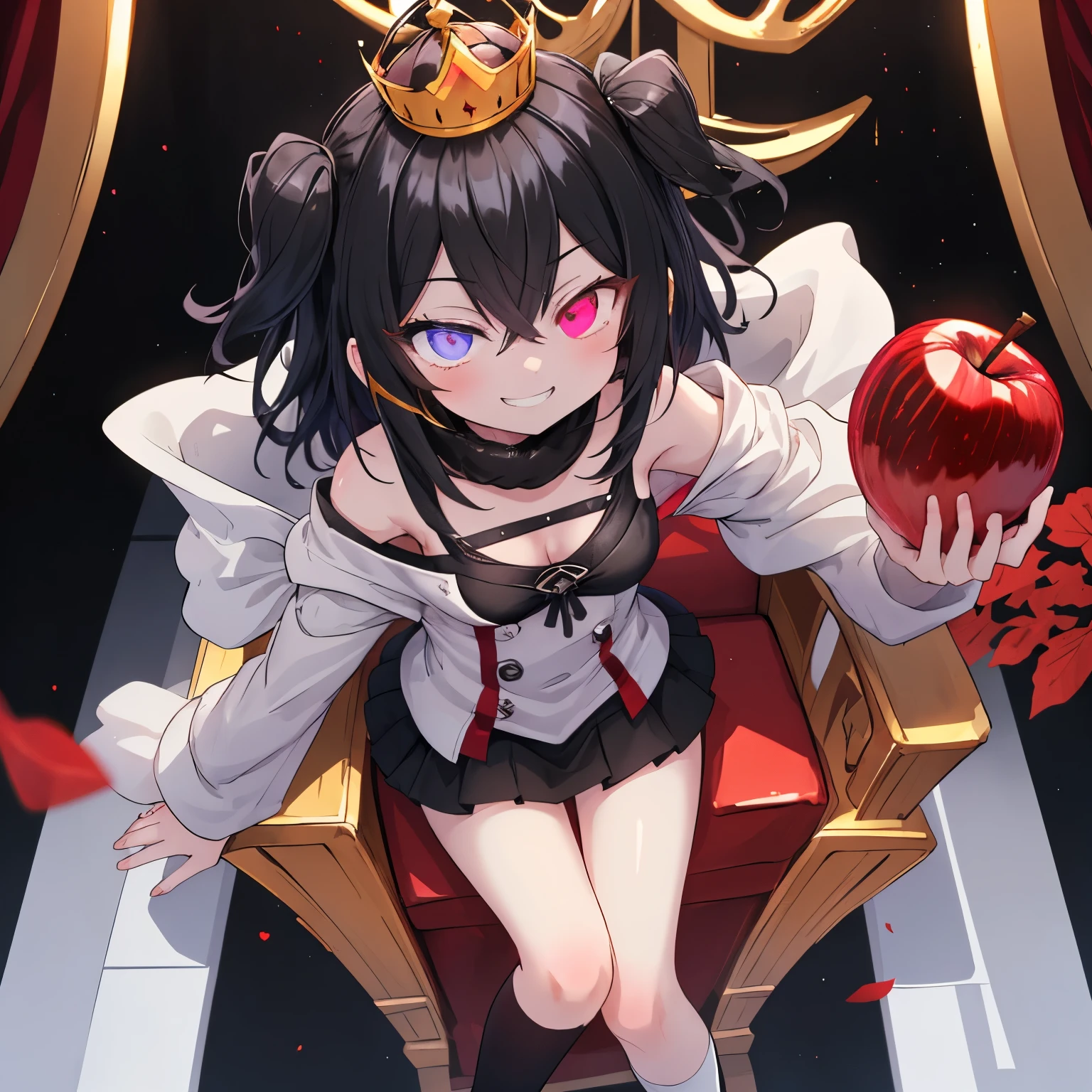 cute,cool,eating a red apple,with a grin expression,wearing one gold crown on her head,facing the front,,Moose Sleeve,,sitting cross-legged on the throne,shoulder out,white and black hair,pixiv,eyes are shining, poor breasts,My eyes are glowing red,,,Enchanting Thighs,wearing white needs socks, God's afterglow,is hungry,Fearless Smile,cheeky expression,,two small canines visible from the edge of the mouth,solo,,heterochromia,red eye,purple eye,Top quality,,crown,no corner,,bitch,small breasts,Hair of a different color on the left and right,Full Body
