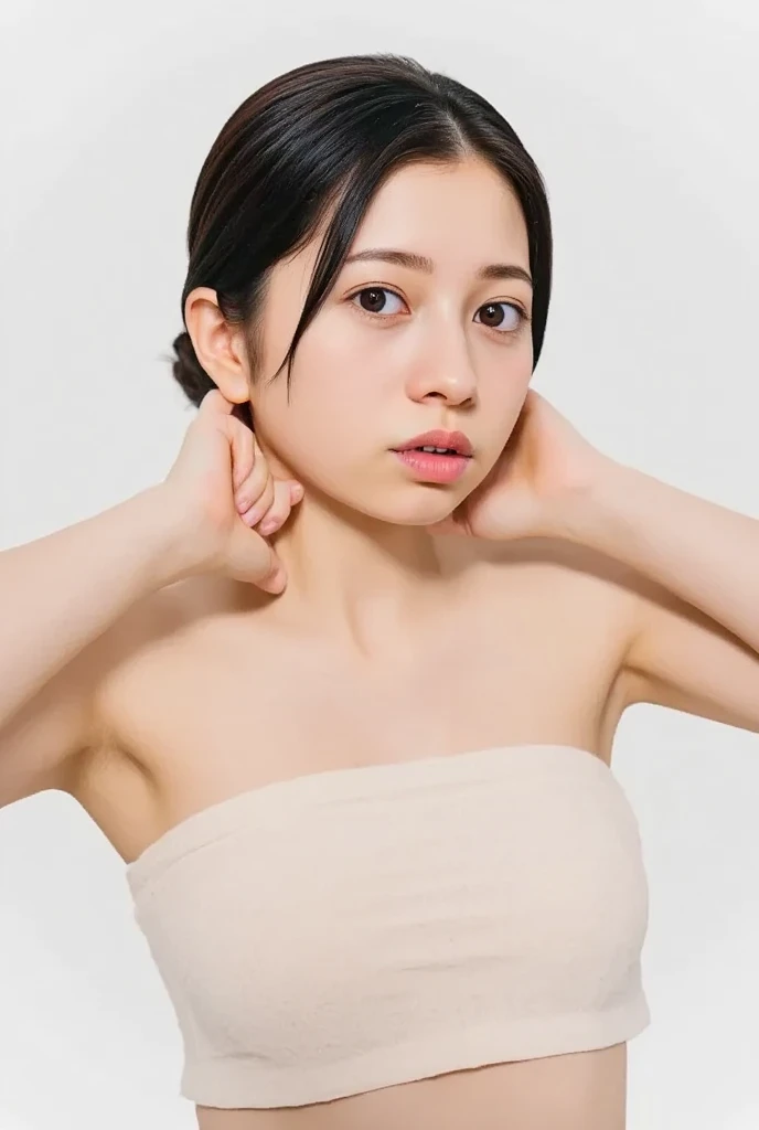 (Old Lady:1.7), Transparent transparency, (peach Chubby TIGHT Strapless Dress), adorable, 1 girl, (face to face), , baby face, happy, medium body portrait, (face details: 1), (eye details:1), ((big breasts)). wearing transparent transparency long shirt, .. Cute posed. proportional body. Ultra High Res. realistic: 1.4, UHD, tudung jilbab , lace 