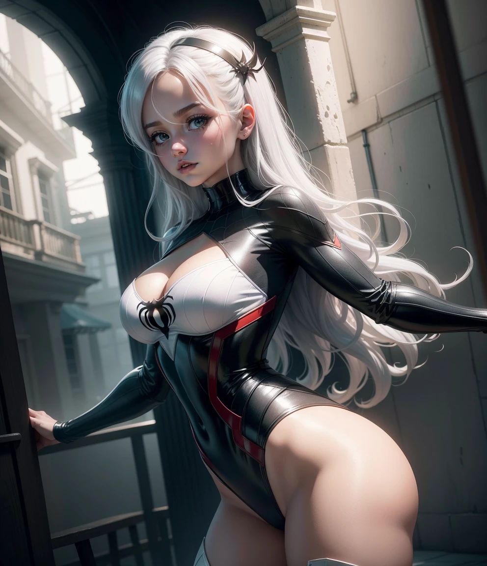 Succubus girl with white long hair, Bronzed Skin, with small white wings on its head. without wings. Dressed in white high-heeled shoes. standing in the office. Full growth in the frame.