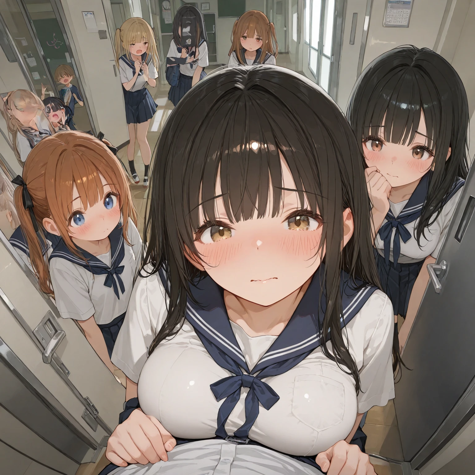 ((NSFW:1.3)),(Textured skin, Anatomically correct, Super Detail, high details, High quality, hight resolution, Best Quality, 1080p,4K),(One-person viewpoint, looking at viewer, subjective:1.4),
(Multiple girls in school gym storeroom),(women's school gym storeroom:1.3)
((Multiple girls, 10+girl with, Group photo of the girls, Group photo of the girls:1.5))
(Girls of different ages:1.5),(busts of all sizes:1.5),(women with various sporty hairstyles:1.5),
(inviting you to have sex),
((line up all fours:1.5)),
(from directly below, from below:1.5),(looking down:1.5)
(summer school uniform:1.5),
nsfw,(enraptured face:1.4),(naughty expression:1.2),(orgasm smile:1.5),seductive smile, excited smile,
(blush, face blush, blushing:1.3),(heavy breathing, steam:1.3)
(Large quantities of sperm:1.5),((facial:1.5)), (sperm covered face:1.8),(cum on breast:1.3),(cum on hair:1.3),