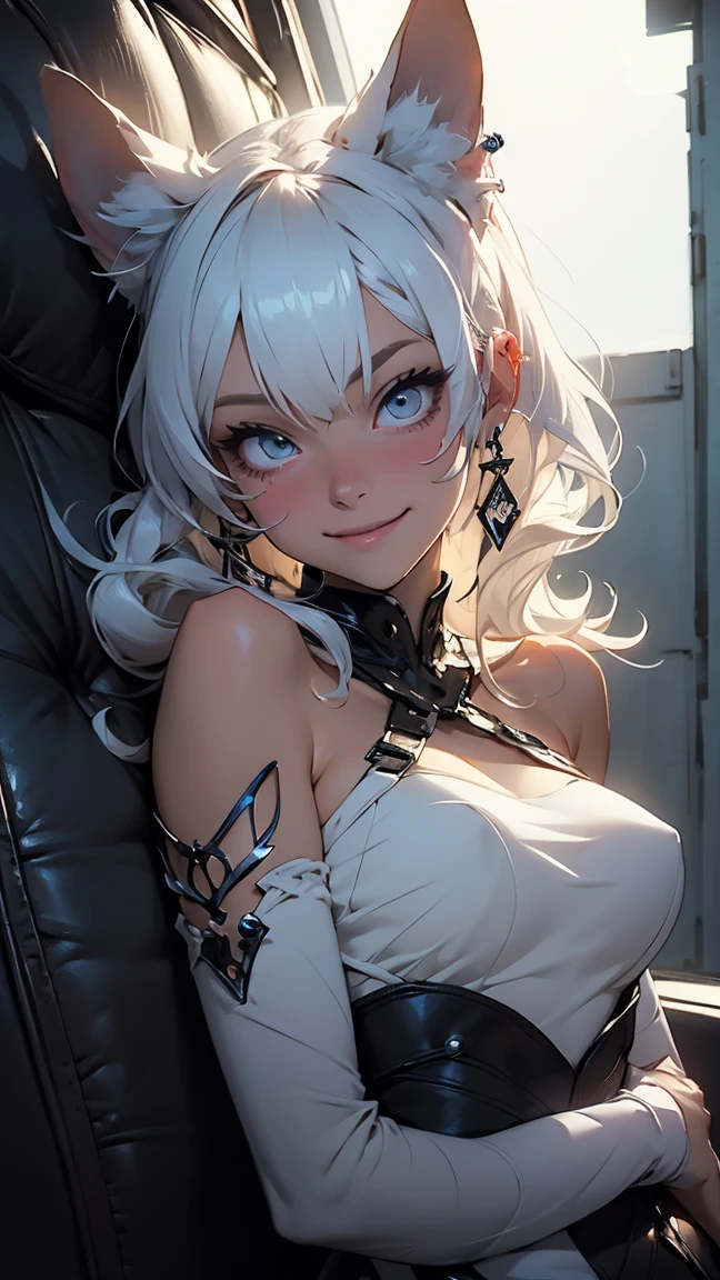 giant girl 50,000 feet high,Weight 1000kg,Have a pair of long legs,Keep your eyes open,Has a pair of huge white angel wings,With huge devil horns on his head,wear a crown on your head,Elf wearing white earrings,She has long pink hair that reaches her feet,loose hair,Pink wavy long curly hair,Wearing a pair of white boots on her feet,White lace gloves,White lace pantyhose,Bow and star embellished tights,白色蕾丝whole body,Sit on a tall building,Beautiful appearance,Exquisite makeup,quality,8k,高quality,Perfect proportion, Cinema lighting,film grain,Fuji colors,8k,textured skin,Super details,high detail,high resolution,fake smile,blood stains,脚底有blood stains,whole body,fat,elf princess,feather,flowers