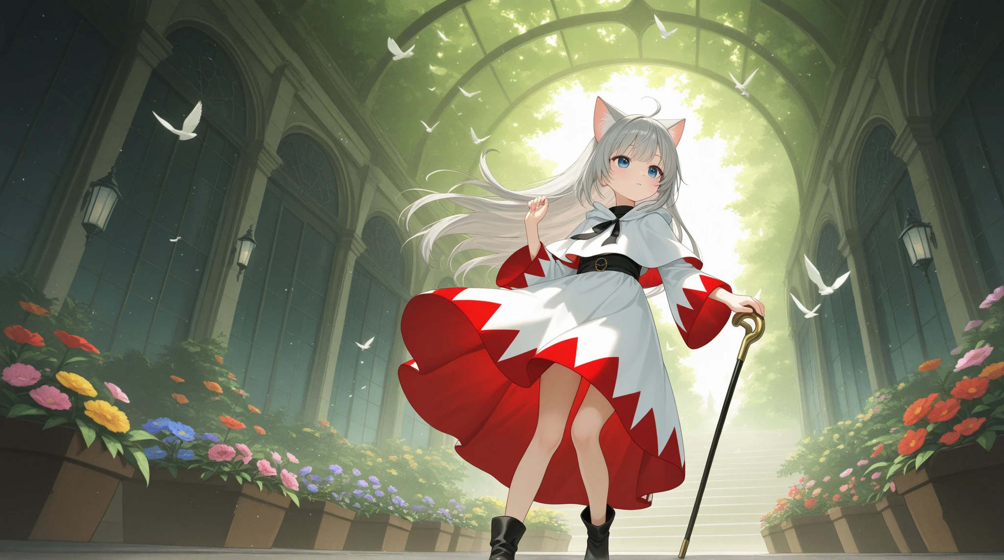 ((Masterpiece)), ((Best Quality)), (Very Detailed), ((Very Detailed)), 4K, (8K), very aesthetic, absurdres highres, 1 woman, (anthropomorphic cat, furry, kemono:1.5), solo, boots, twintails, knee boots, long hair, looking at viewer, weapon, heart, full body, jewelry, standing, polearm, bow, dress, blush, earrings, holding, bare shoulders, white hair, black footwear, holding weapon, standing on one leg, hair bow, frills, heart earrings, holding polearm, breasts, grey eyes, pink bow, parted lips, spear, skirt, very long hair, off shoulder, blue eyes, indoors, red bow, hand up, wrist cuffs, water, brooch, lace-up boots, cross-laced footwear, flower, pink footwear, red carpet, red footwear, red skirt, short dress, small breasts, strappy heels, tree, explicit, masterpiece, best quality, very aesthetic, absurdres