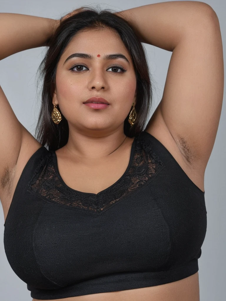 hyper realistic indianbeautiufl woman showing her chubby underarms, chubby arms, sleeveless black blouse, realistic underarms, detailed skin texture, realism, ultra hd, 8k resolution.