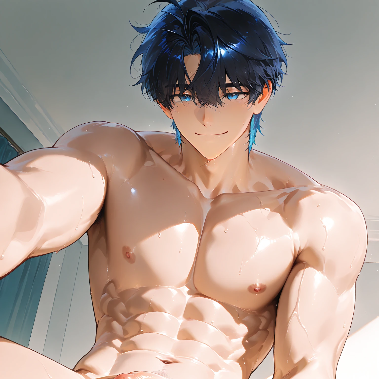 high quality, (soro japanese teen boy:1.5), (detailed eyes), (black long hair), (muscle:1.5), naked, (dark wet skin), (detailed puffy nipples:1.3), penis, cumshot,smirk, looking at viewer,