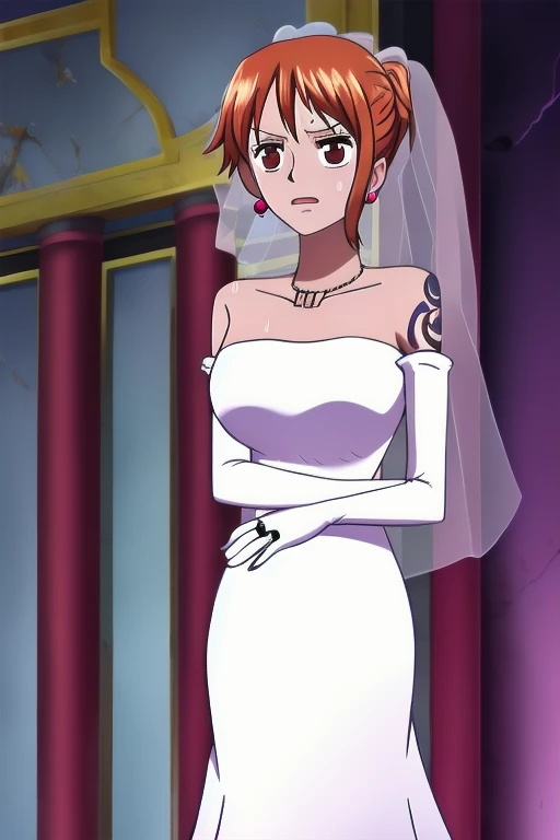  ,High quality,Female ,((,hair covering eyes,fluffy hair,short hair,smile theet)),(muscular,breasts),solo,orange hair,toned,Earrings,Curvy legs,2 arms,pearl necklace,Wedding dress,Veil,Church,showing leg,Holds a bouquet of flowers