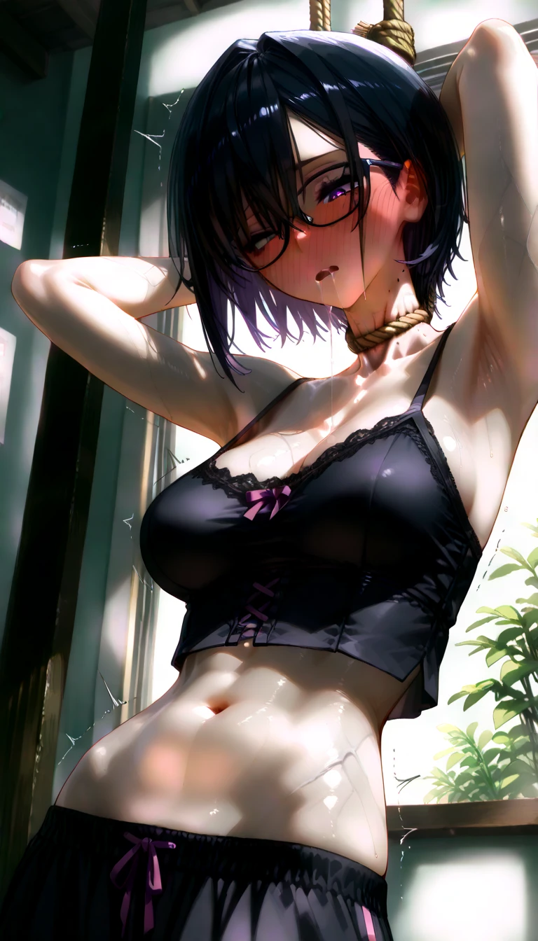 (formal halter neck bikini crop top, elastic waist bikini shorts ),gorgeous, masterpiece, best quality, high-resolution, finely detailed, extremely detailed and beautiful, distinct-image, 1 girl, 16 year old teenager, solo, sharp facial features, oval shaped face. cherry pink lips, lightly tanned white skin. velvet-colored eyes, C-cup breasts, tall height(175cm), slim yet chiseled body type, short shoulder length dark violet-black hair, small narrow waist, long and slender legs, curvy wide hips, elegant Gothic training courtyard setting