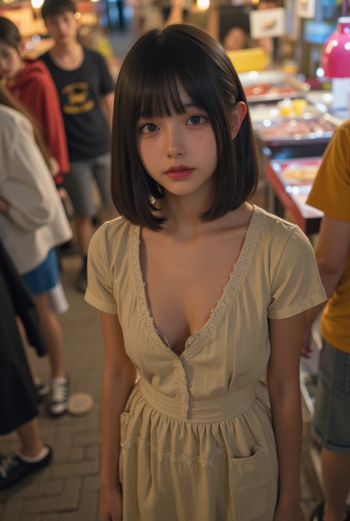 8years old、looking at the viewers、、realisitic、女の子1人、a small face、、cowboy shot、Narrow and cramped room、Camisole、、Japan's Red Light District、((Prostitutes))、(deep in the night)、(Night view from the window)