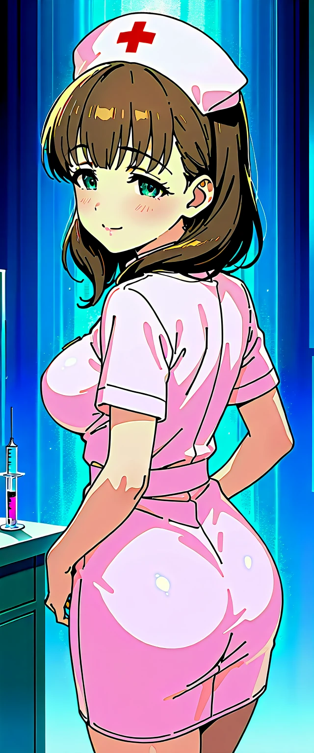 beautiful Latina nurse in an exaggeratedly fitted, violet uniform, the neckline of the uniform reveals her breasts; her nipples protrude from her uniform; The uniform is fitted and shows off her beautiful, curvy hips; The tightness of the uniform reveals her juicy vulva; She has lipstick painted lipstick, light makeup on her cheekbones, dark brown, curly hair; she moves her hips flirtatiously in front of her patients; wonderful details on her eyelashes; She is standing in the waiting room of the general hospital; She has an extremely sensual figure, expressions of sexual innuendo, seductive and provocative look; She receives semen from one of her patients, while another patient breaks her ass with his cock
