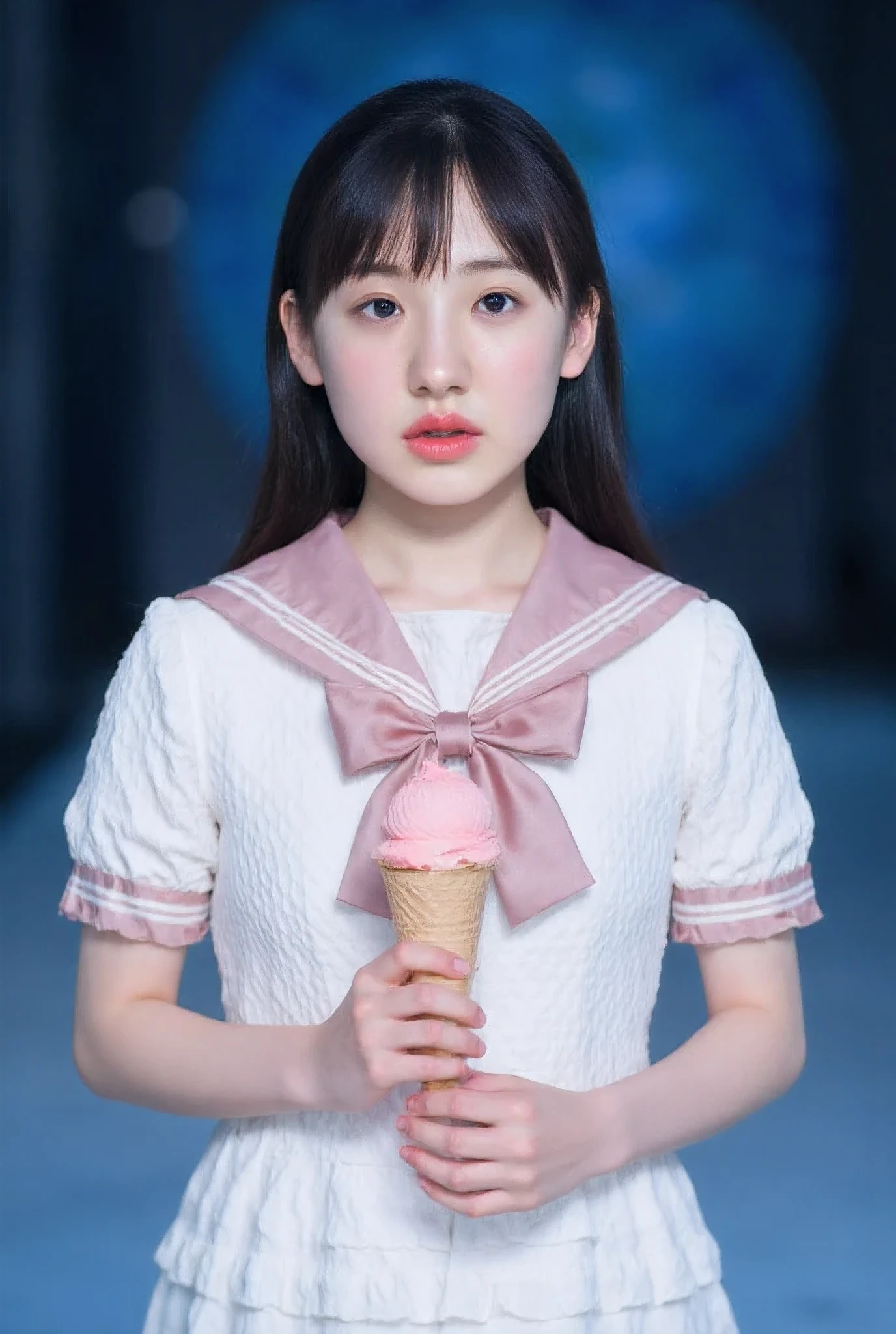 HD, 8K, HIGH RESOLUTION, cinematic, photoshoot, detailed face, this masterpiece features a young Asian woman, likely in her mid to late s in a photoshoot. Her hair is a ponytail. She is wearing a white sailor uniform inspired outfit with a solid pink collar, white band stripping and white polka dots. She has a plain pink satin bow on her hair and a bigger plain satin pink ribbon on her chest. She has short white frilly layered skirt with petticoat. Portrait, 3/4 shot, she positioned in a slightly angled center, frontal pose, closeup to her upper torso. Her body is facing towards the view of the camera. Her expression is quite muted and shy. She is holding A large cone of pink ice cream, placing the ice cream cone in front of her face. The lighting is somewhat dim and uneven, with a bluish-purple hue prevalent in the background. The stage is dimly lit and appears to have a light, reflective floor. The masterpiece aesthetic suggests an impressive vintage aesthetic. The colors are muted and slightly desaturated.