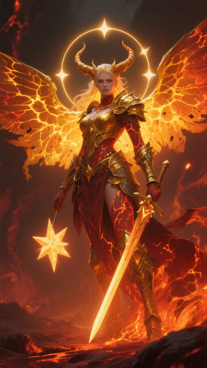 A woman in a red dress with wings and a sword Tia is shown to have a fairly slender figure. She has white-grey hair , she has short hair and large pale green eyes, A stunning photo shows a girl standing proudly on top of an old abandoned castle, with a phoenix flying behind her with sparkling fiery wings.  The girl appears to exude strength and confidence. She is wearing a long red silk dress, and her hair sways in the air with every strong gust of wind.  Her eyes were adorned with a firm and kind look, shining with a constant smile on her face.  As for the phoenix that erupts behind her with its flaming wings, it looks like a mythical creature that combines beauty and strength, and when the sunlight mixes with its shining wings, an amazing light radiates, adding an additional magic to the picture., cleavage exposed, big breasts, superior quality, many details, Puri focus  Sharp and realistic