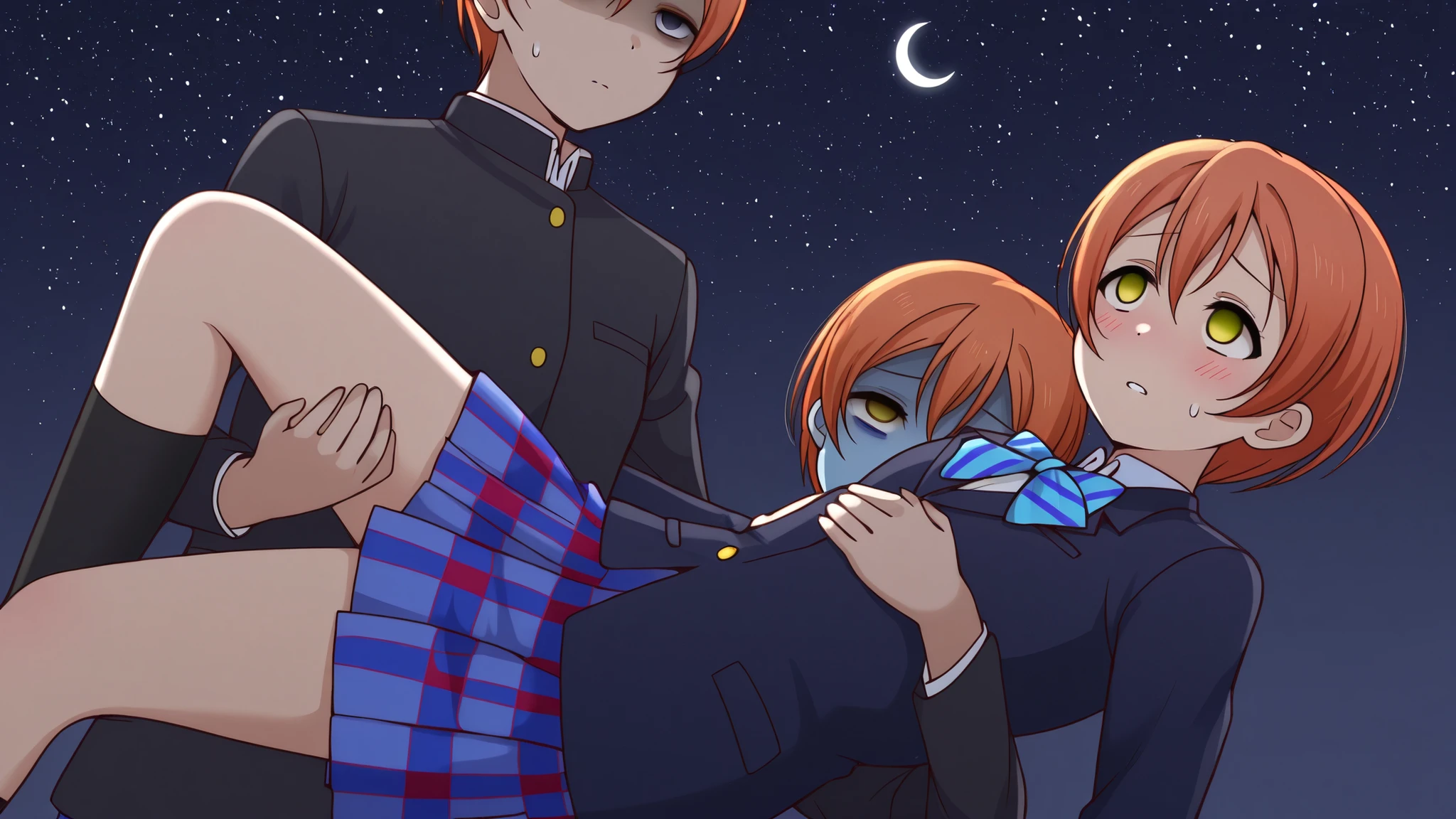 1girl, hoshizora rin, striped, short hair, blush, otonokizaka school uniform, lovelive_rin black blazer, blue plaid skirt, blue stripe bowtie, orange hair, very short hair, hair between eyes, yellow green eyes,knee up,crescent moon, stars (sky), blue face, asphyxiation, asphyxiated, choked, can't breath, eyes rolled back, dead eyes, dead,unconscious,empty eyes, lifeless eyes, dead, death, lifeless,princess carry