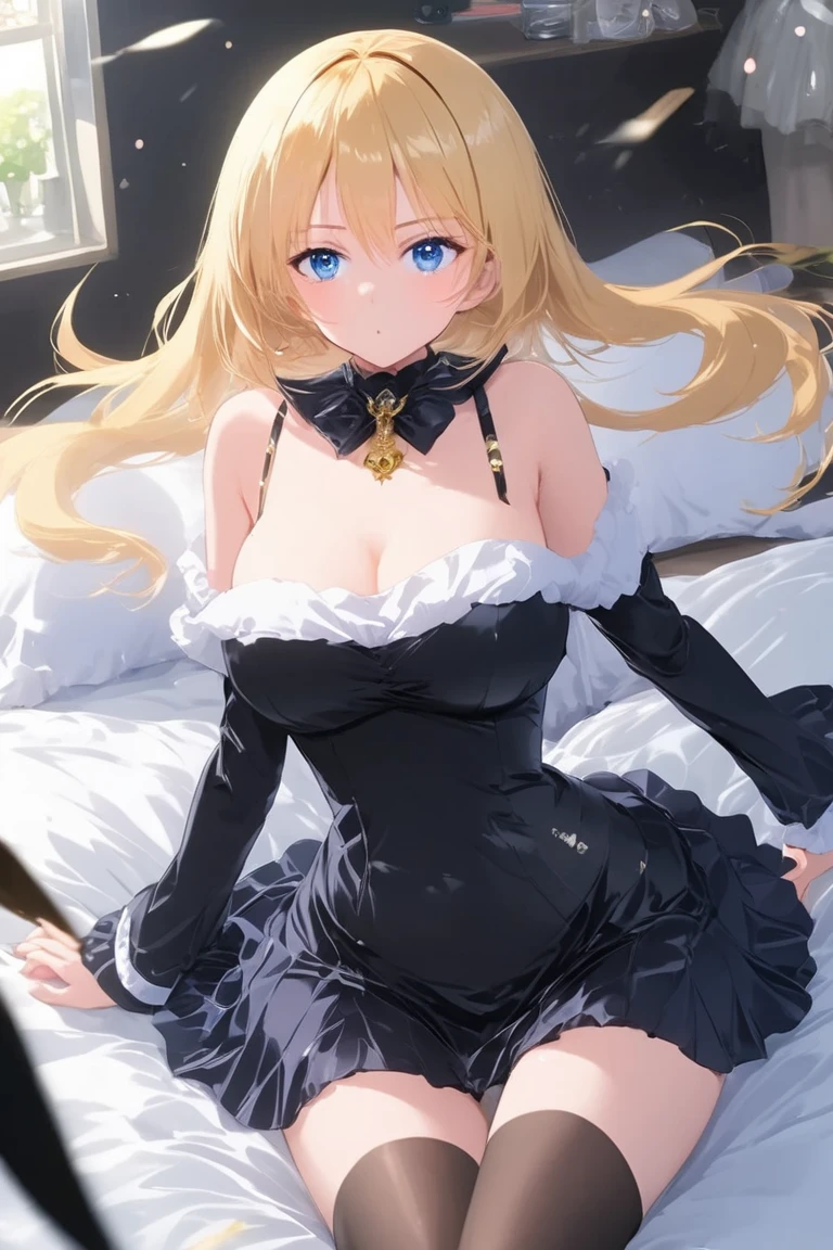 1girl,blue eyes,bare shoulders, blonde hair,blunt bangs,cleavage, collarbone, detached sleeves, dress,tattoo, long hair, thigh boots,jewelry, medium breasts,(hair stick:1.2), hair ornament, high ponytail, anime girl, exposed nipples