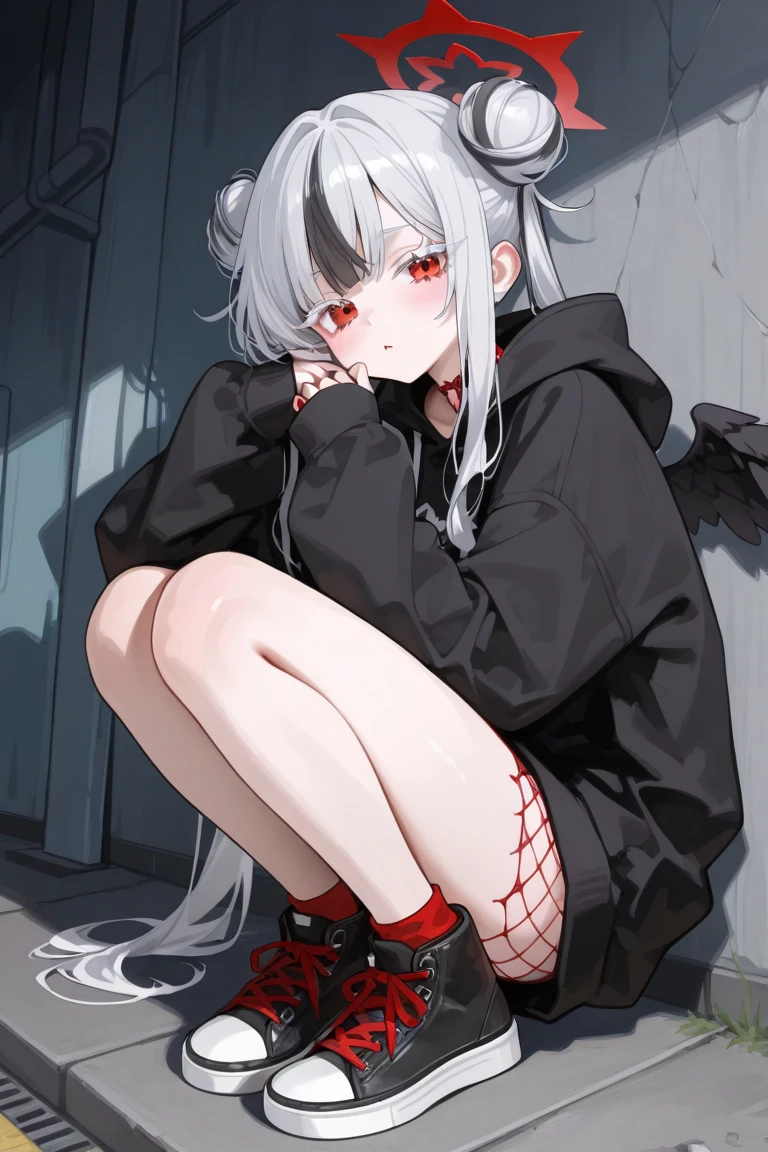 ((masterpiece, best quality, extremely detailed CG, unity 8k wallpaper,anatomically correct,ultra resolution)),Award-winning photography,(best illumination,Very Delicate and Beautiful),(one girl,solo,:1.5),(Vampire:1.45),silver hair,(twintails:1.2),glowing red eyes,(pale skin:1.45),(extremely beautiful and detailed face:1.2), (extremely beautiful and detailed eyes:1.2),perfect hands,delicate legs,((bat hair ornament)),(graceful,fashion),pointy ears,((nike hoodie:1.4,sports shorts,sports shoes,black leather gloves,black naked socks)),looking at viewer,sit on bed,(crying:1.3),tears,(cute:1.5),((night, dark atmosphere, dark theme, darkness:1.5)),dramatic shadows,(dimly lit:1.5),blood on face,blood on floor, blood on walls,(blood mist,blood splash:1.4),depth of field,(in bedroom:1.3,table lamp,computer),(perfect human body structure with maximum precision)