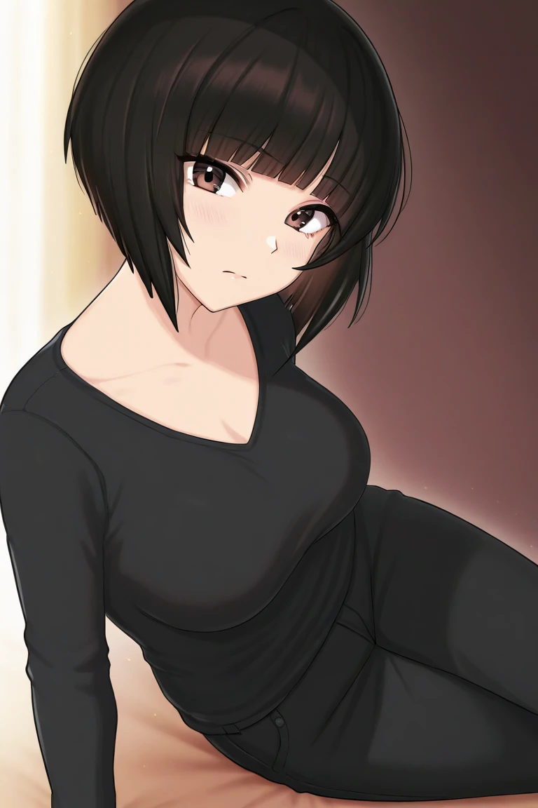 Cute girl, short curly brown hair, brown eyes, hair clip, loose black long-sleeved t-shirt, very short gray skirt, black tight socks, big breasts, sitting