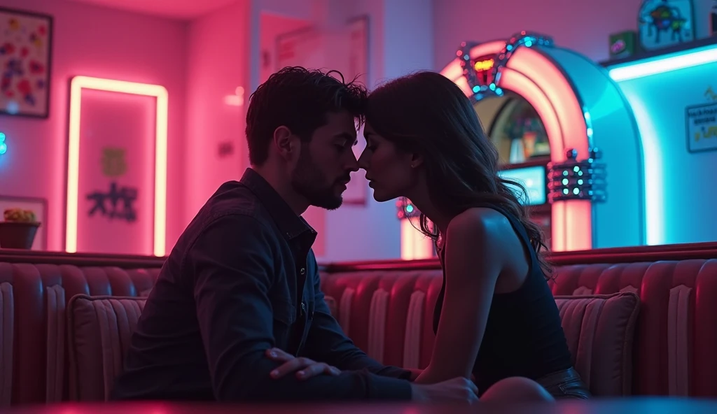 dark room with red blue pink purple neon lights, teenage couple on couch, skyscraper view from window, night