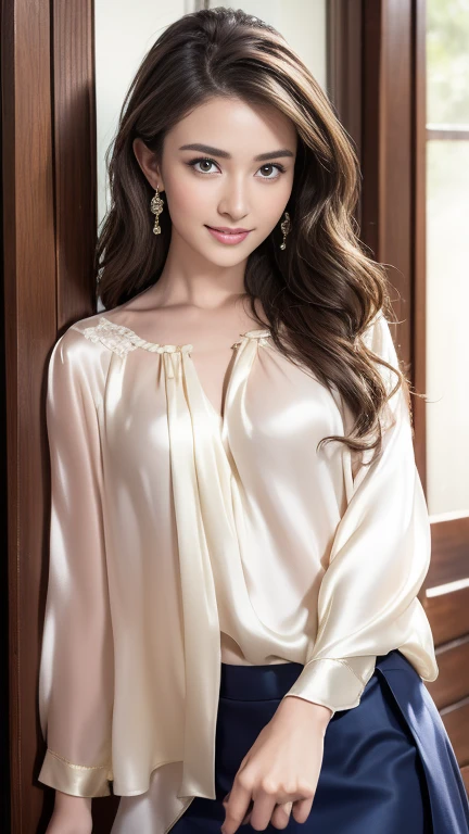 (masterpiece:1.3), high resolution, ultra detailed, extremely detailed CG unity 8k wallpaper, realistic, photo-realistic, RAW photo, beautiful detailed face, pale skin, realistic glistening skin, detailed cloth texture, detailed hair texture, Perfect body, Beautiful Face, accurate, Anatomically correct, Highly detailed face and skin texture, natural neck length, (beautiful hands), (fair skin:1.2), Thin legs, Thin feet, Detailed eyes, symmetric eyes, Light Brown eyes, Double eyelids, Thin eyebrows, (Glossy lips:1.4), ((gently smile:1.2)), (blush:1.1), (A Classy and Cute girl:1.3),fullbody shot、 ((full figure supermodel standing, entire body in frame))((Super long brown hair,Hair with loose waves inside,Hair reaching down to the waist:1.3))、abstract printed mini dresses_long sleeve_wrap dress