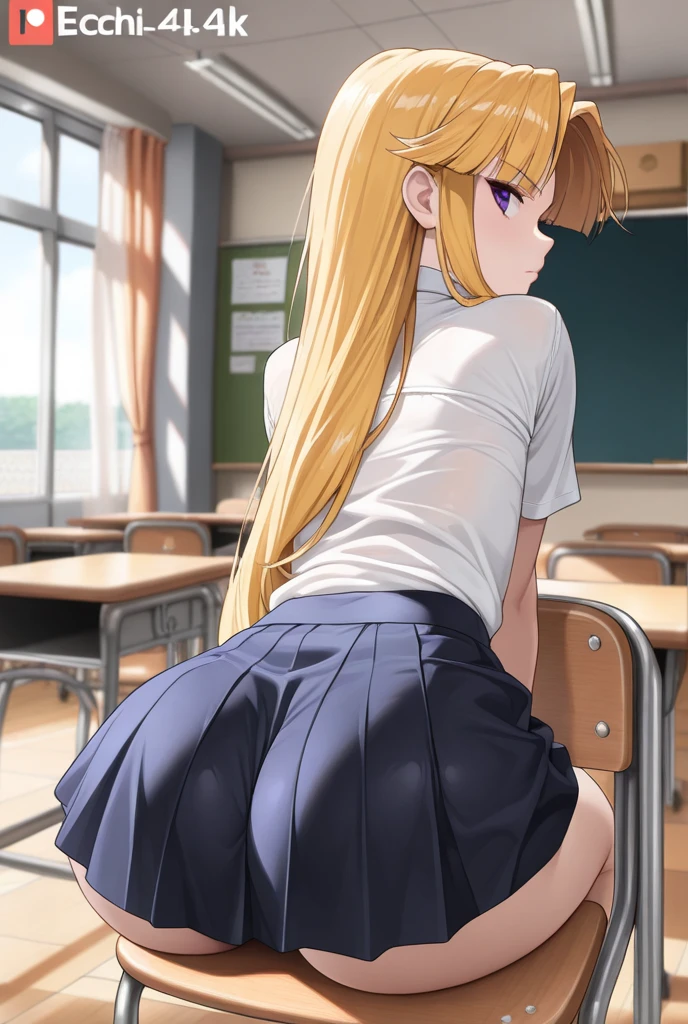 NSFW Lucy Heartfilia has long blonde hair and large breasts She is completely naked in a high school classroom She is sitting on a table and her legs are spread apart. her vagina is showing