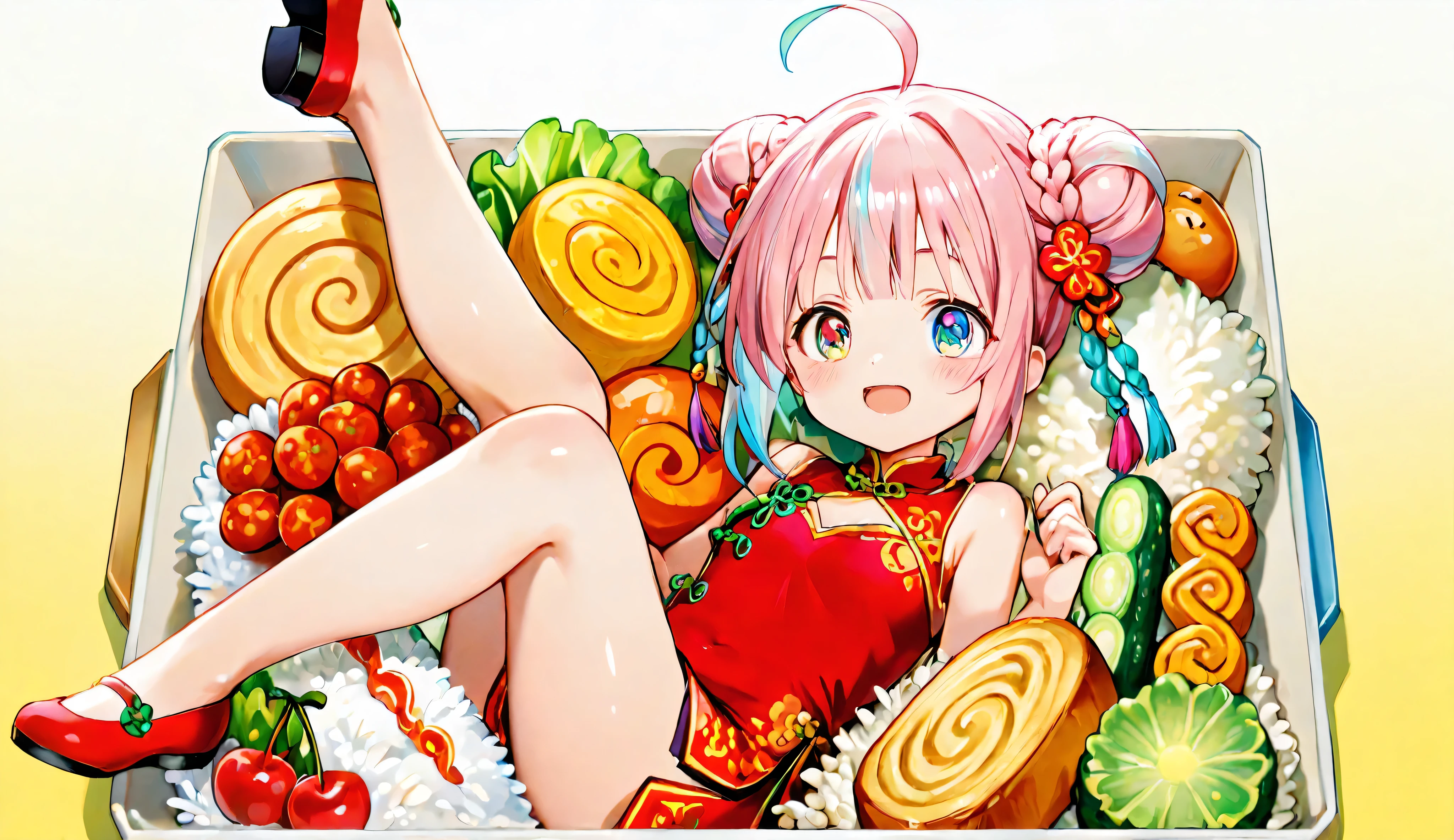A cute anime girl with long pastel pink hair fading to aqua blue, styled in twin buns with braids and colorful tassel decorations. She has large heterochromatic eyes (purple and blue) and is wearing a red and gold Chinese-inspired mini dress with floral patterns. She is lying on her back inside a bento box in a playful, dynamic pose — one leg up, arms spread, surrounded by neatly arranged food like crispy chicken cutlet, tamagoyaki, rice, cherry tomatoes, lettuce, and cucumber slices. The box is seen from a top-down angle, and the scene is colorful, detailed, and cheerful. Anime style, vibrant colors, soft lighting, clean background.