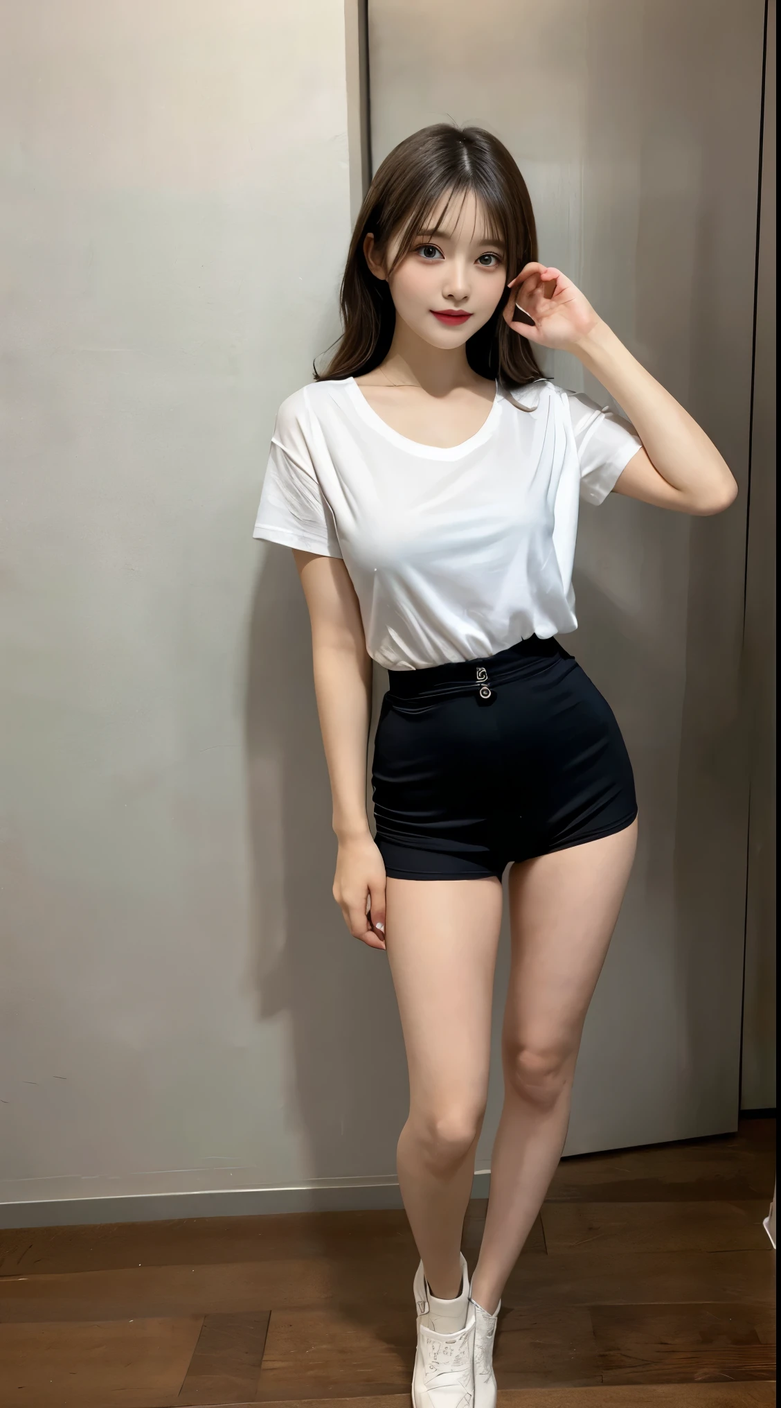 ((masterpiece)),(((Highest quality))),Thin thighs,Long legs,An 18-year-old woman standing on the steps of her school,Japan uniform:1.5,White camellia floral lace bra:1.5,open chest white shirt,The best smile,Short-cut blonde:1.5,short side wave,Wearing stylish sneakers,Spreading her legs