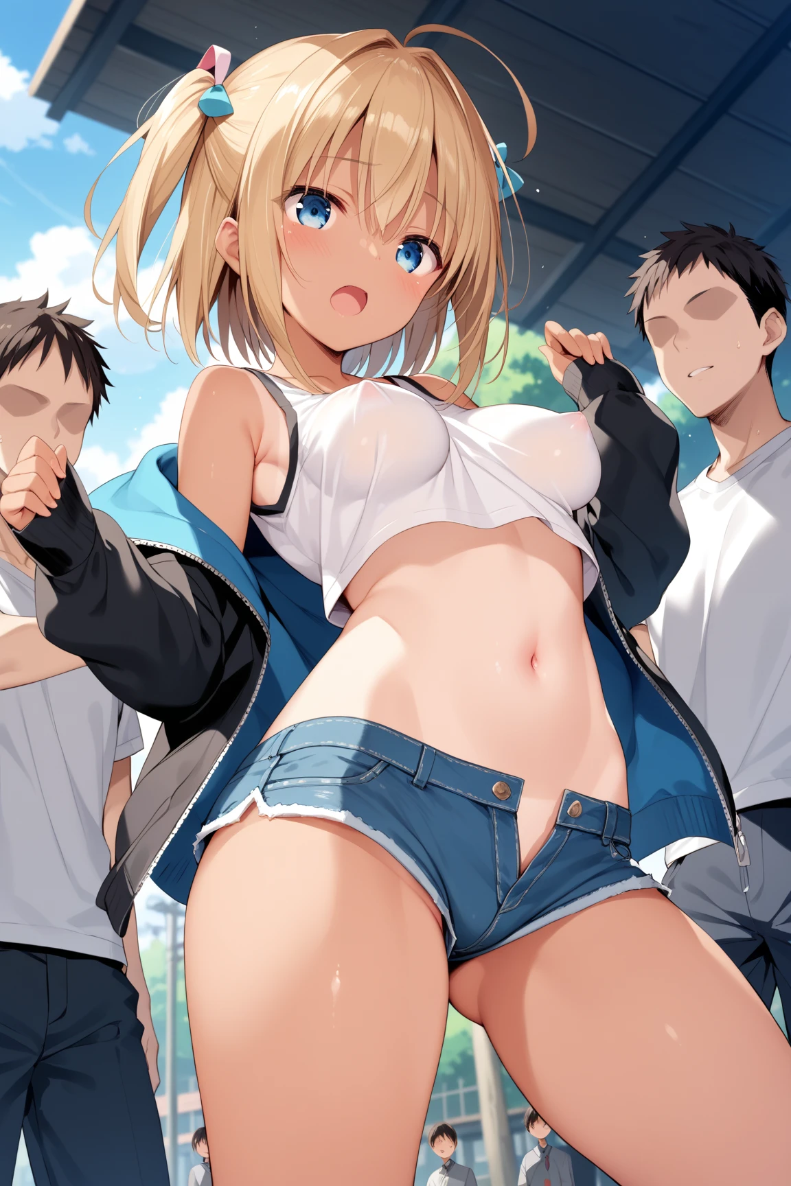 Short Hair、Blonde、Nipples、tits、Athletics、Sports Bra、stockings、Insert the penis into the、Open your legs while crouching、Perfect body、Semen overflows from pussy、Surrounded by a large group of men、From below