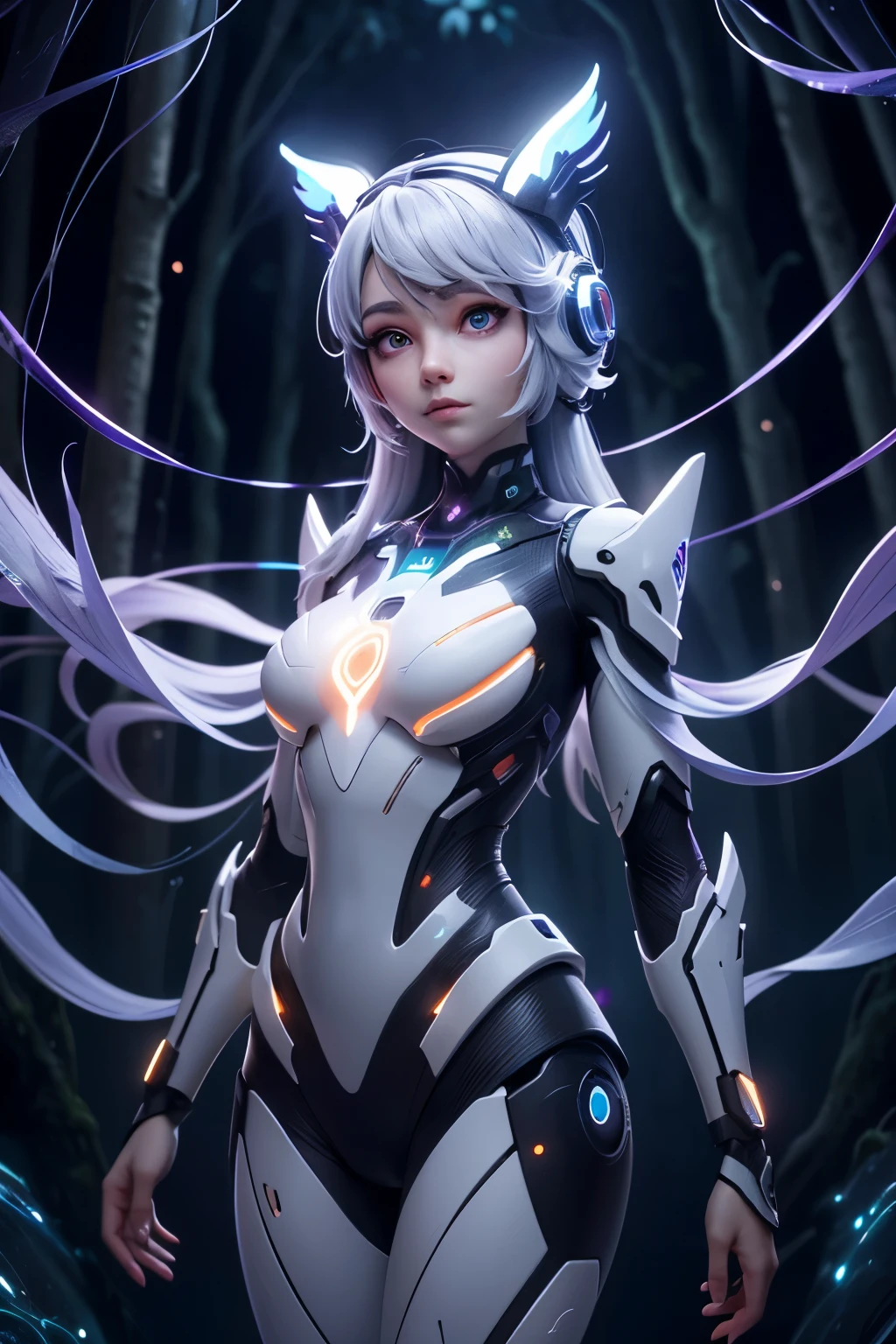 A striking highly realistic photo of a white-haired woman dressed as Mewtwo from Pokémon, with a vibrant representation of the costume and a futuristic backdrop.