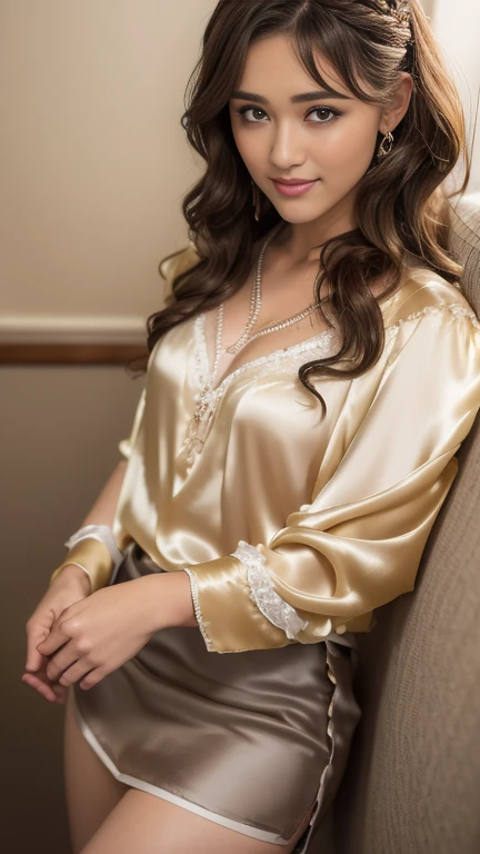 Turkish blonde woman. Golden colored blouse, brown colored panty, room
