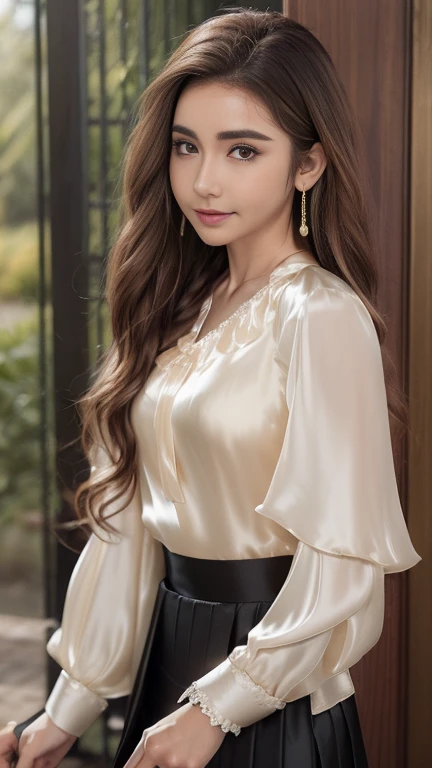 masuter piece, top-quality, masterpiece, hight resolution, Photorealsitic, Raw photography, 8k wallpaper, flawless, profetional lighting, ighly detailed, depth of fields, ((One beautiful woman)), ((18 year old woman sexy, Bedroom, ((blouse, tight skirts,)), ((See the viewer's eyes)), Detailed face, beautidful eyes, (Sit in a good posture), bangss, small breasts of good shape, Light Brown Straight Hair, Faint lips,cowboy shot