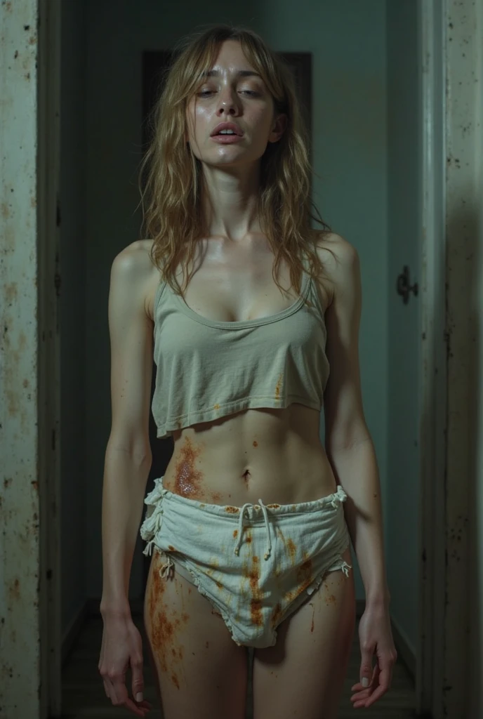 Rotting zombie. Horror. 1girl in, age19, Solo, Aesthetic artwork, irish, wavy ginger hair, shoulder length hair, gray eyes, light grey eyes, pale skin, A-cup, small breasts, runners body, (textured skin, skin pores:1.1), goosebumps, breasts and nipples showing, Photorealistic, 4K, Nikon