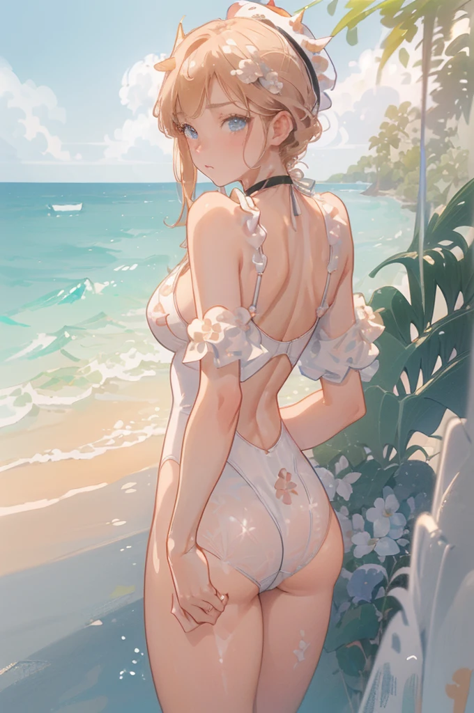 ,Big Breasts，Happy, Sundress, abundant，Gradient, extreme，color, Extreme，detail, Clear light perception, butt, (many, Impressionism, painting), Anime Characters,Fluid between thighs,flowing liquid,Disheveled,Clothing that fits snugly,broken，Chest contour,(((Wet clothing))),Tube Top,(((Ultra-thin clothing))),(Body model),((Flesh outline)),Grinning, blush,Hyperactive expression,Cover the crotch,(leaning forward),Back view