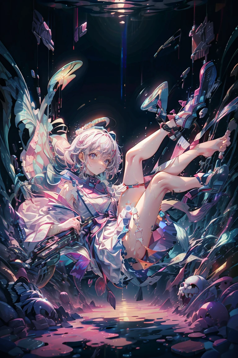 Alice crying in the deep sea, Short skirt, holster, Absurd, RAW Photos, Very delicate and beautiful, masterpiece, Highest quality, Ultra-high resolution, 32K, Surreal, Very detailed, Detailed Description, Pale skin, 20-year-old, Natural Lip, Big Breasts, Earrings, Short Medium Hair, Wavy Hair, Full Body Shot,