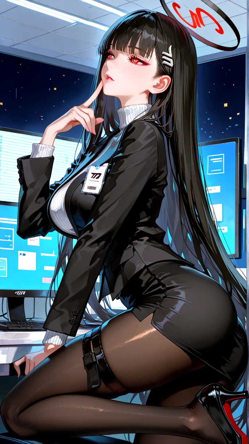 Carefully draw the face anime style face big breasts big butt plump thighs Black full body suit black pantyhose smile succubus back view